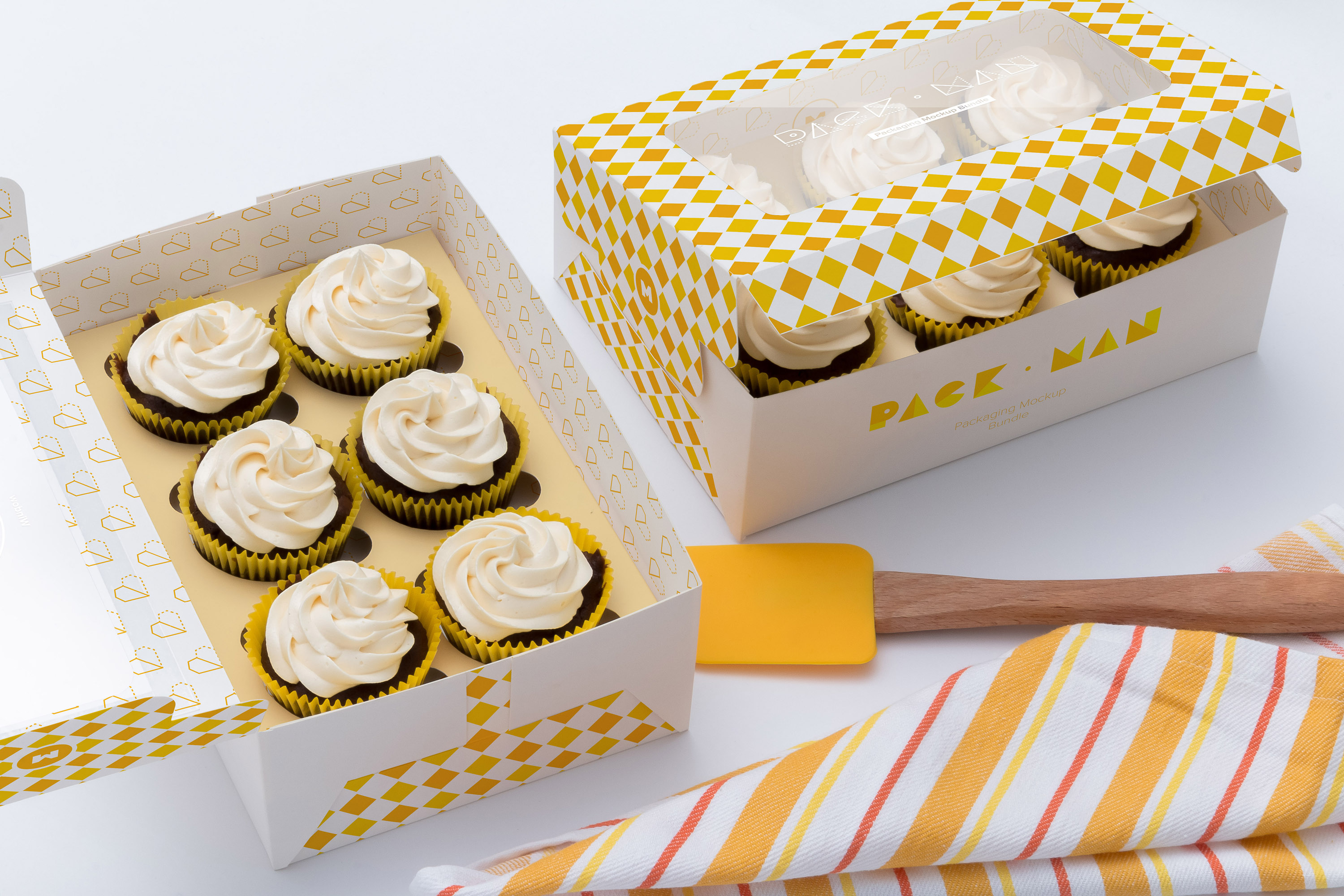 六只装纸杯蛋糕烘焙店包装盒设计效果图样机03 Six Cupcake Box Mockup 03插图