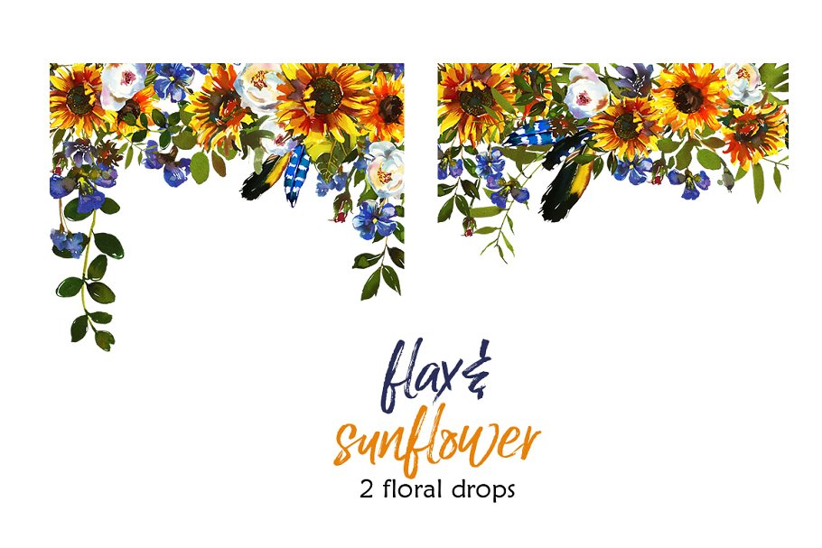 波希米亚风格向日葵亚麻花水彩剪贴画 Boho Sunflower Flax Flowers PNG插图(2)