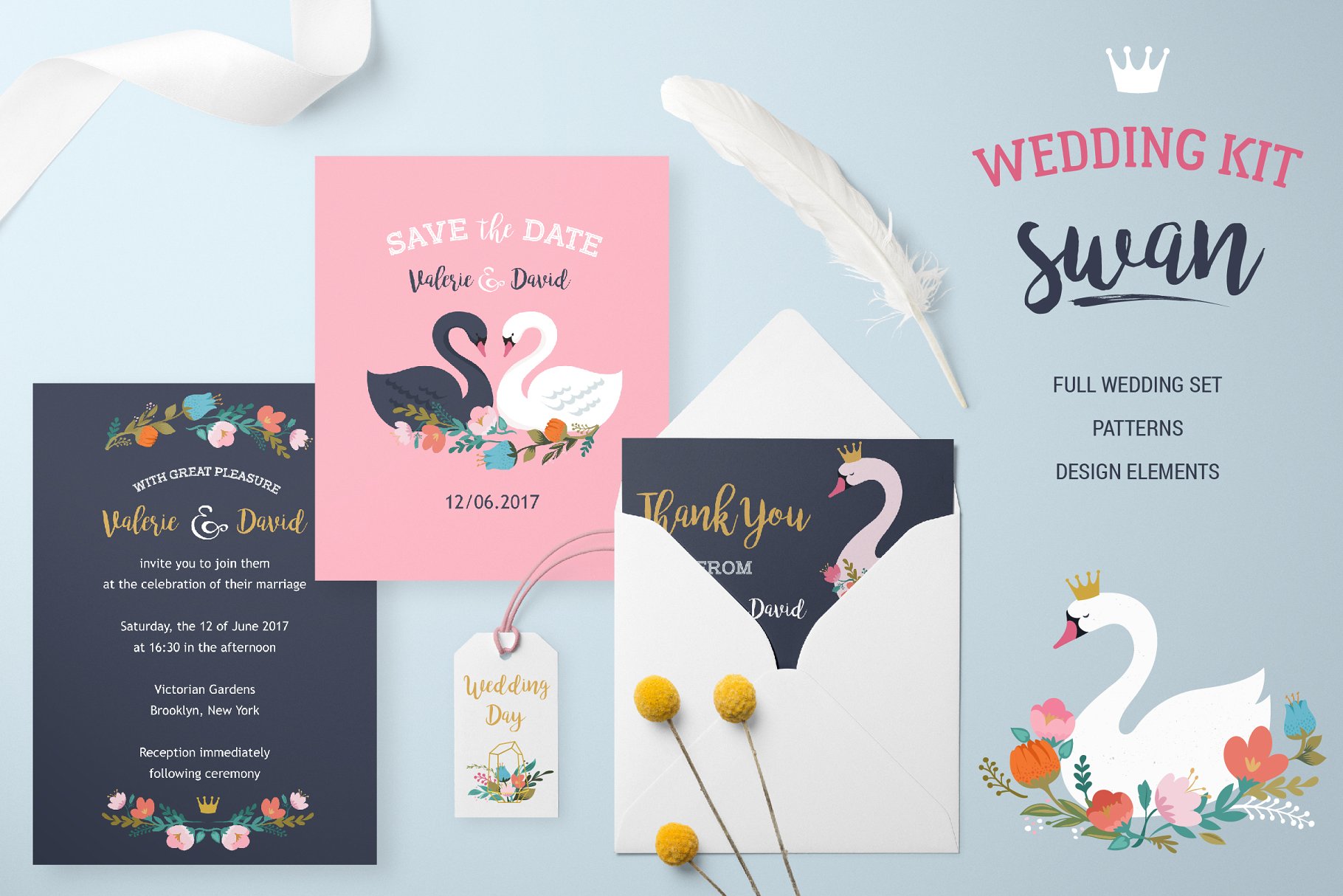 天鹅湖婚礼邀请函设计模板 Wedding set with Swan lake theme插图