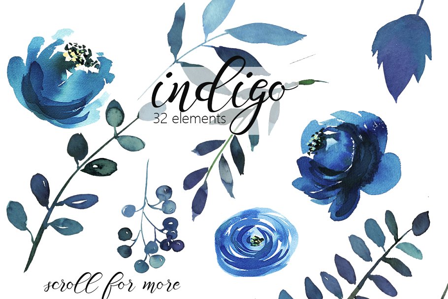 靛蓝水彩花卉剪贴画 Indigo Blue Watercolor Flowers Set插图1