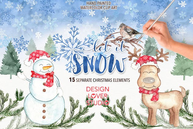 圣诞节主题雪人/麋鹿水彩插画设计素材 Watercolor “Let it snow” design插图(1)