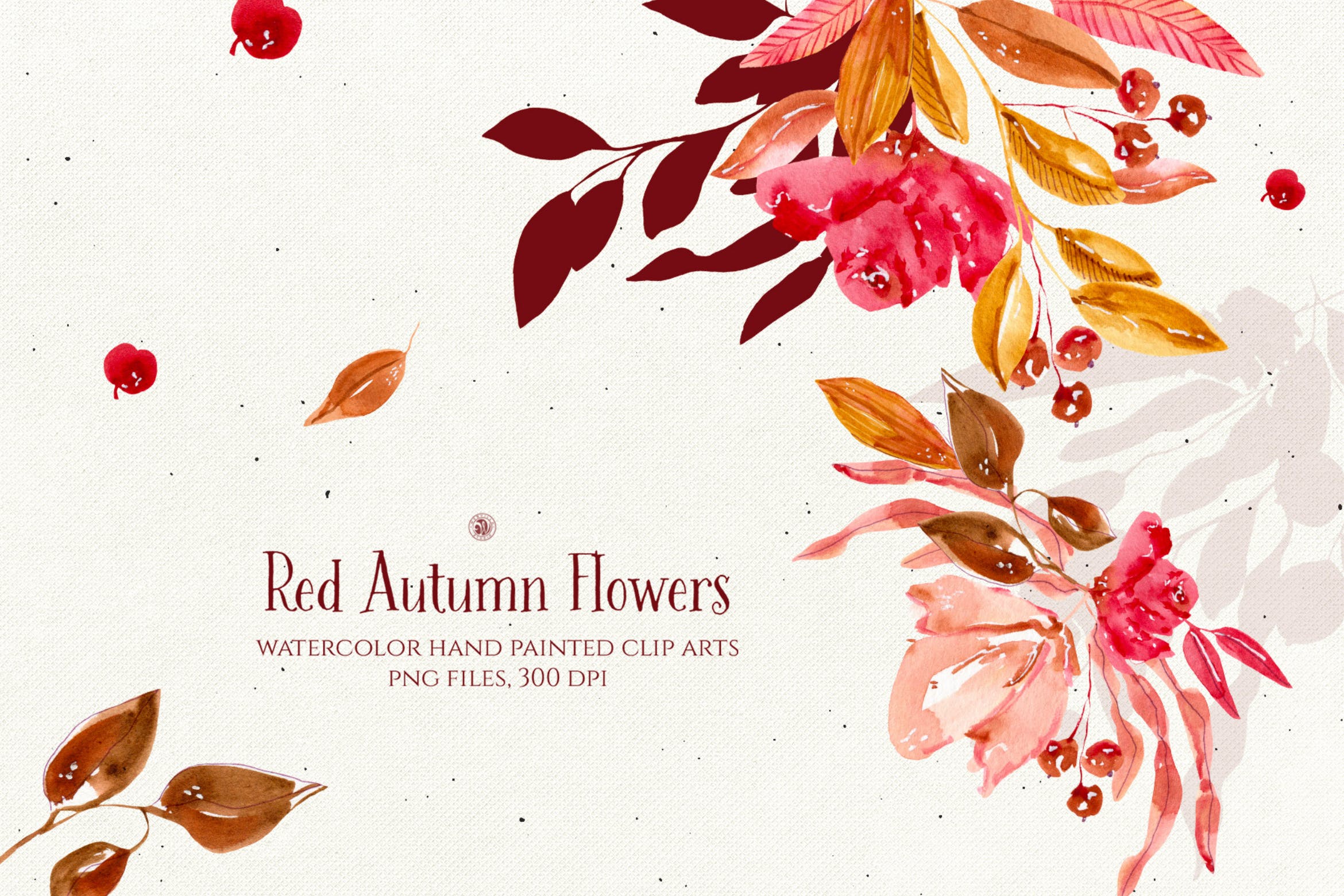 秋天红色水彩手绘花卉剪贴画PNG素材 Red Autumn Flowers插图
