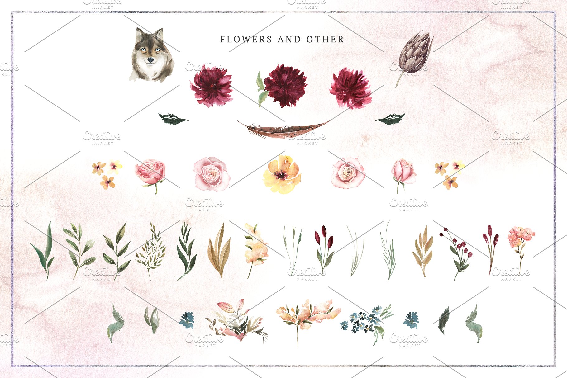 勃艮第花卉&动物水彩剪贴画合集 Burgundy Bouquets & Animals插图(5)