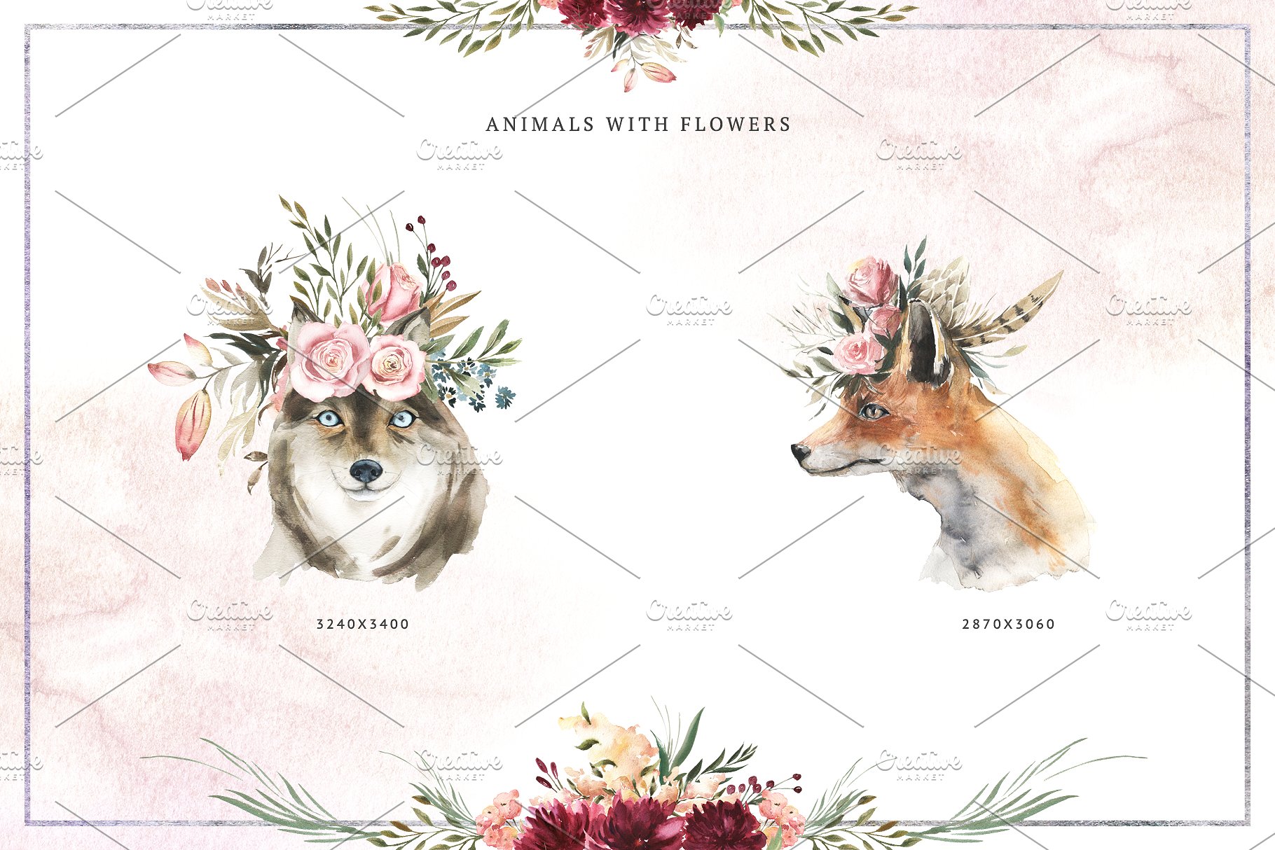勃艮第花卉&动物水彩剪贴画合集 Burgundy Bouquets & Animals插图1