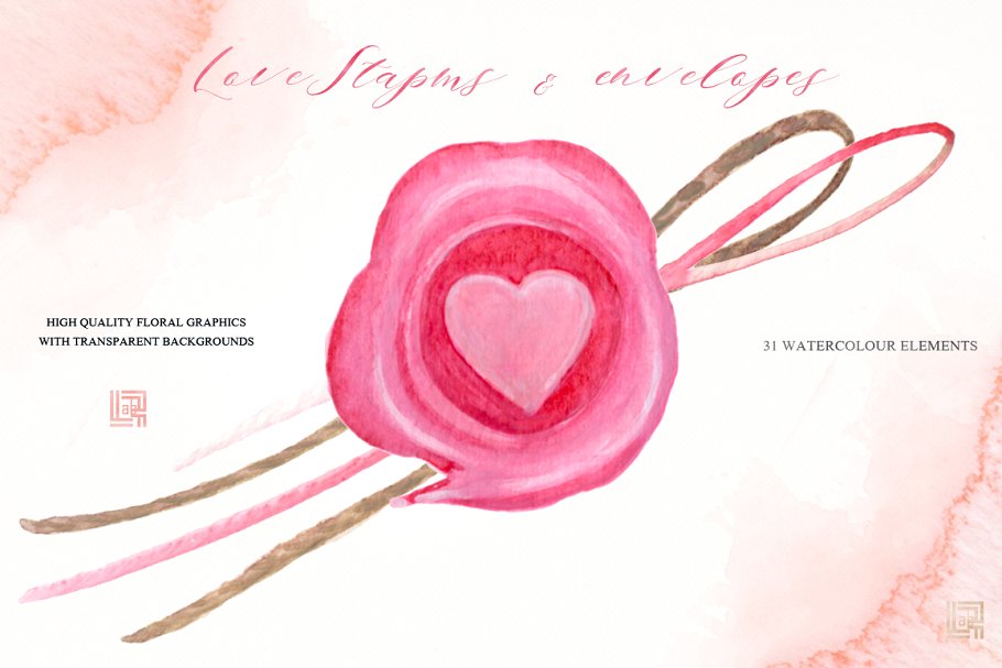 浪漫而温柔的爱情心形元素印章插画 Love stamps envelopes hearts clipart插图3