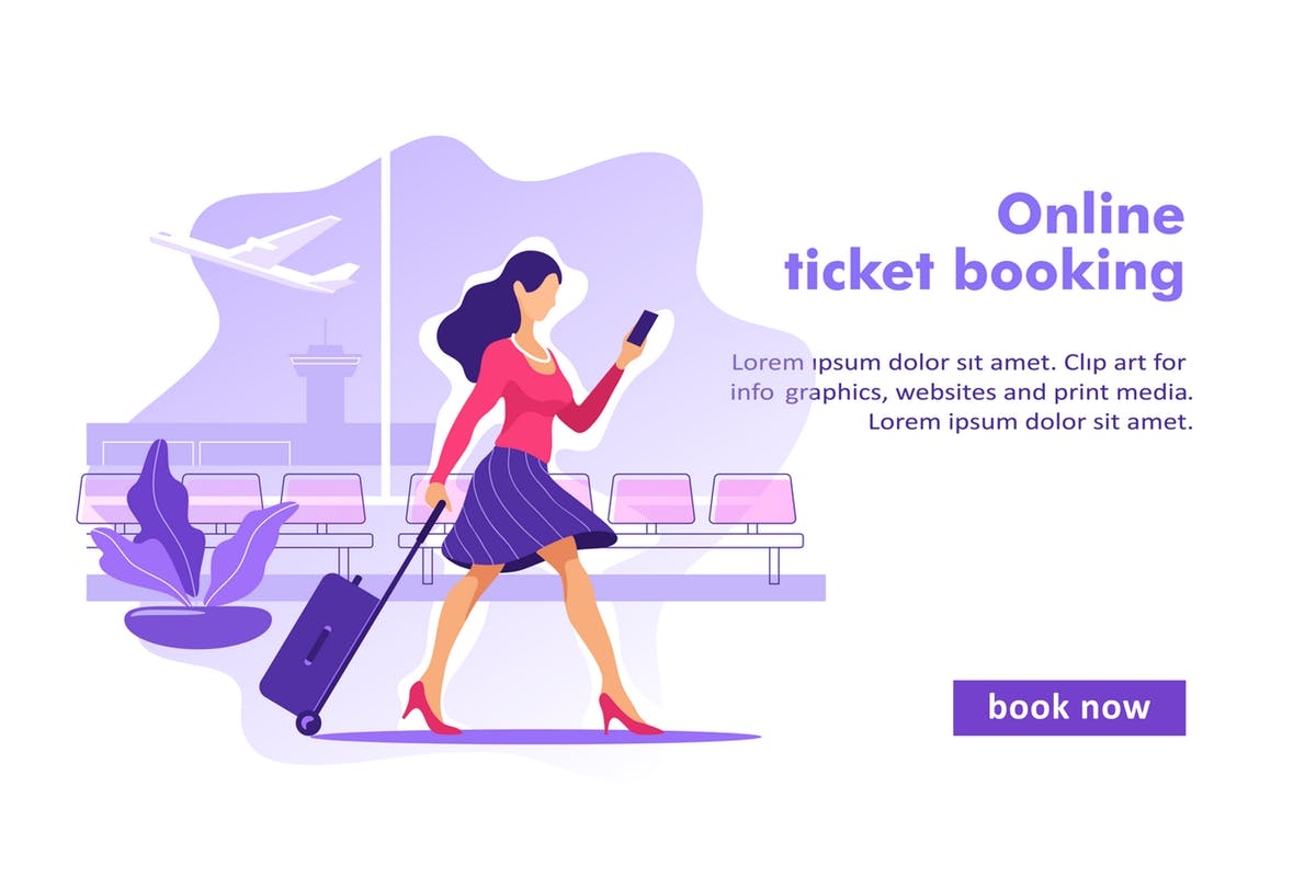 机票在线预订系统概念插画 Flight Tickets Online Booking Concept插图