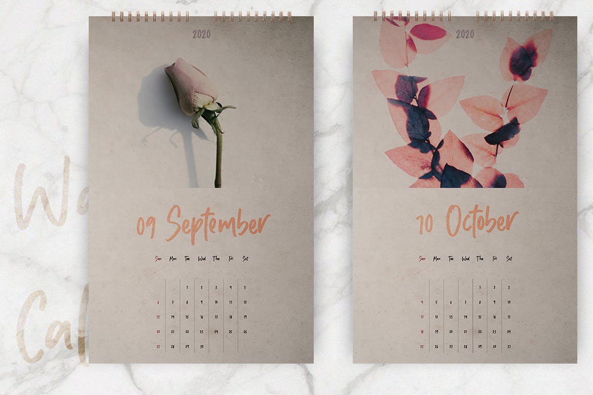 2020年植物花卉图案挂墙日历设计模板 Wall Calendar 2020 Layout插图5