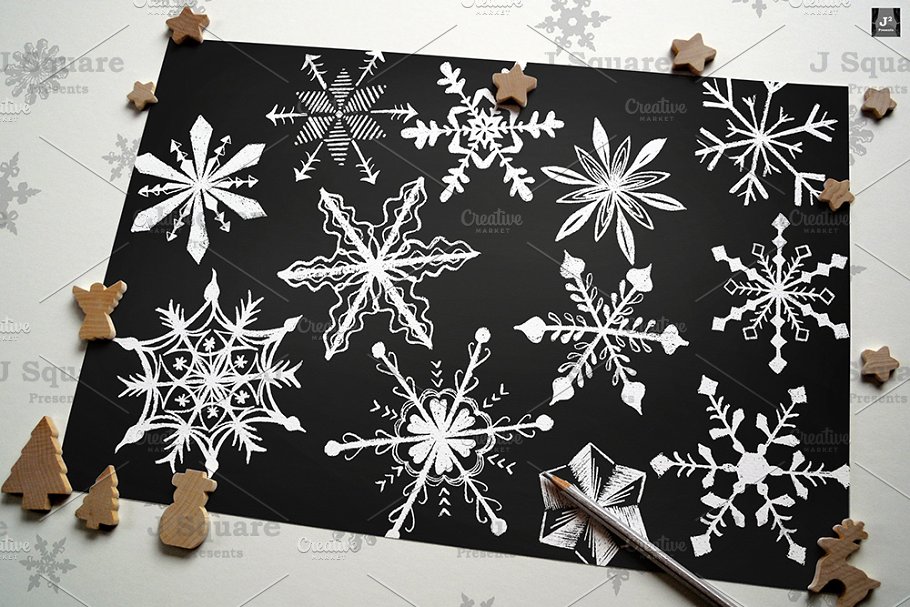 手绘粉笔画&银箔雪花图案纹理笔刷 Vector Chalk & Foil Snowflakes插图(2)
