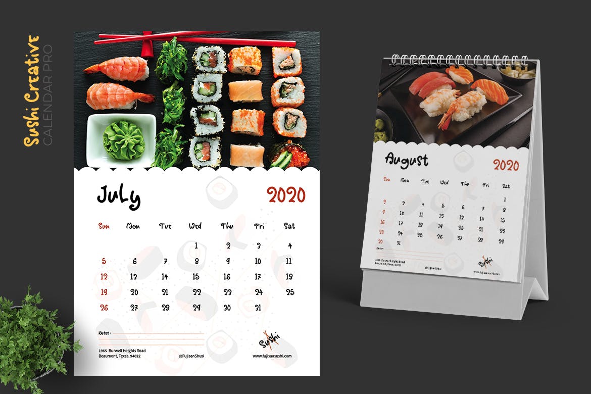 寿司日式料理店定制设计2020年日历表设计模板 2020 Sushi Asian Resto Creative Calendar Pro插图(4)