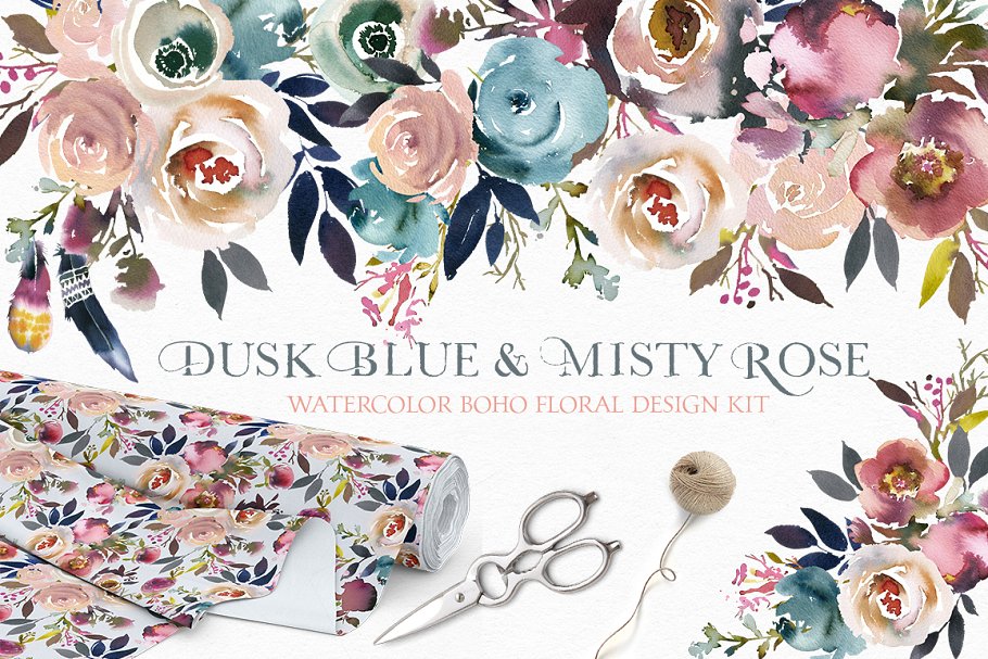 暗蓝色&薄雾玫瑰波希米亚式水彩花卉 Dusk Blue & Misty Rose Boho Flowers插图