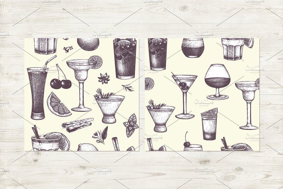无缝手绘鸡尾酒冷饮背景纹理 Vector Drinks & Cocktails Patterns插图(1)