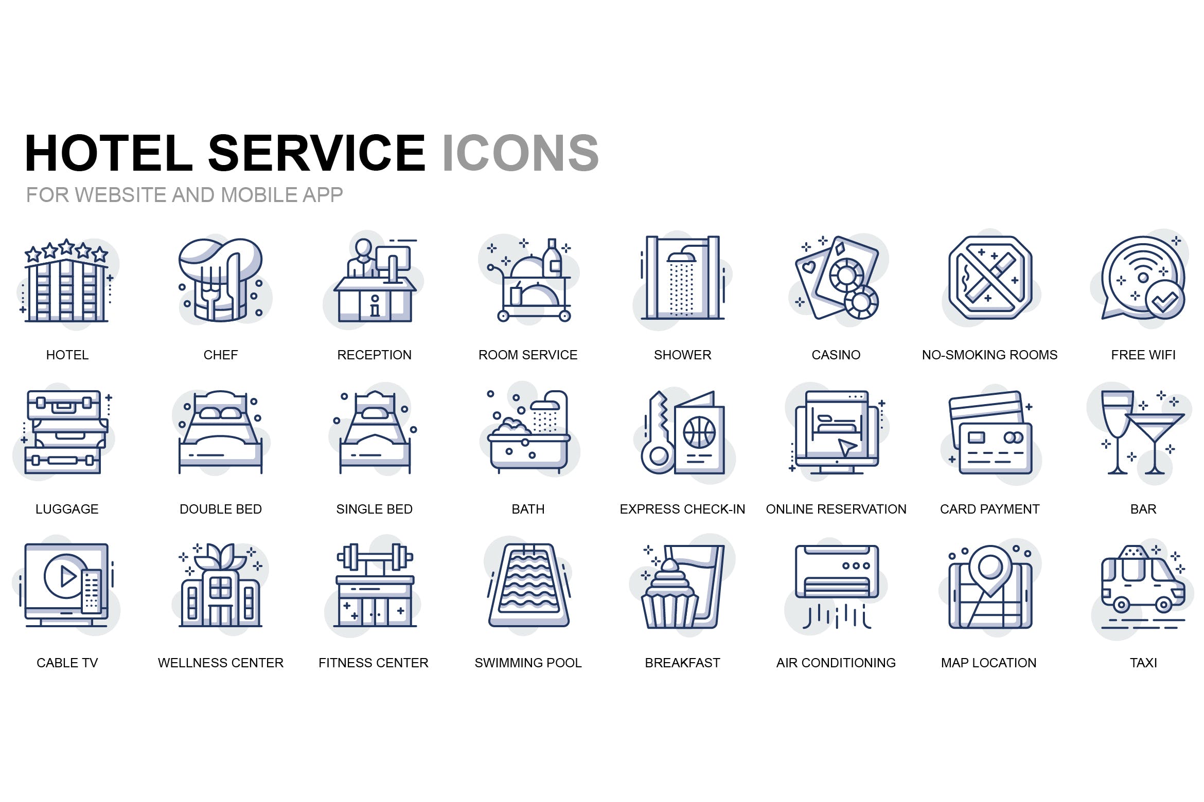酒店服务主题线性图标素材 Hotel Services Thin Line Icons插图