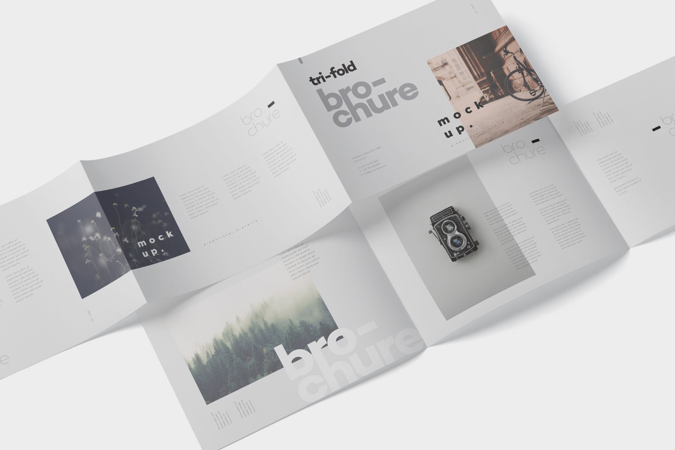 横版设计三折页宣传单效果图样机 Tri-Fold Brochure Mockup in Din A4 A5 A6 Landscape插图