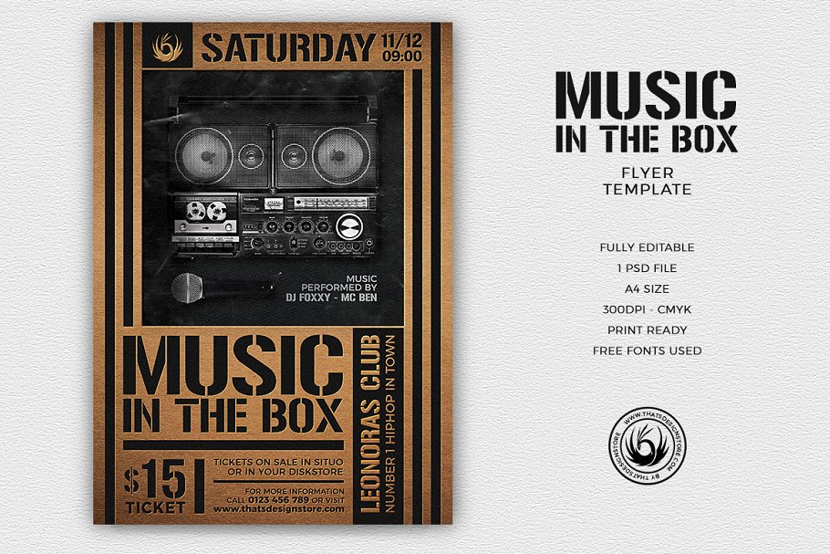 复古风格音乐盒子海报传单PSD模板 Music in the Box Flyer PSD插图