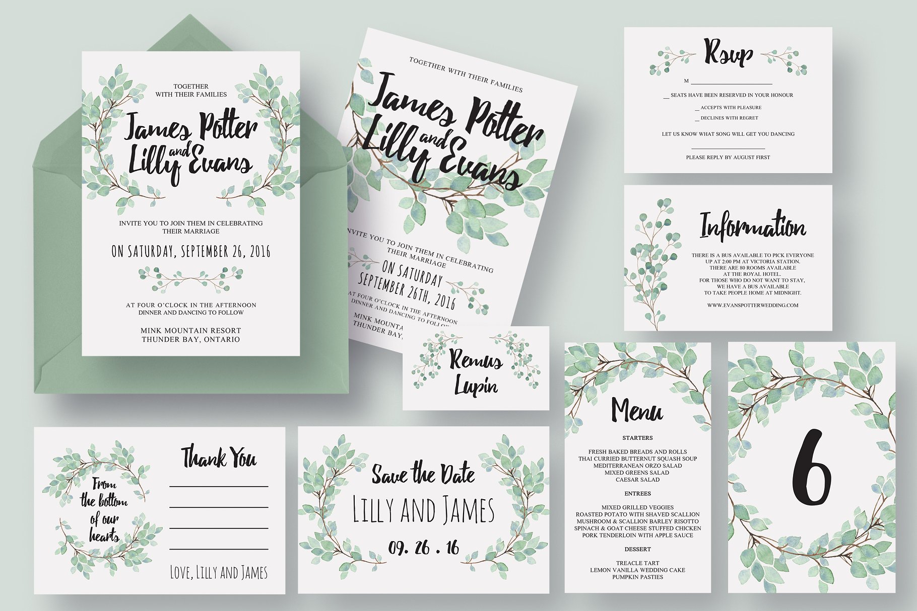 绿植装饰桉树婚礼邀请函模板 Eucalyptus Wedding Invitation Suite插图