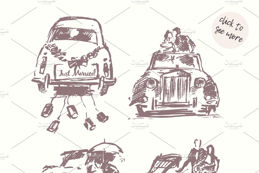 复古婚纱车素描图形 Wedding old fashioned cars插图(1)