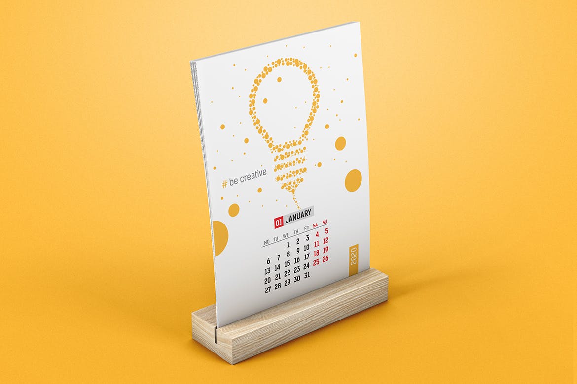 2020年木制台历日历表设计效果图样机 Desk Calendar With Wooden Stand Mockup插图(4)