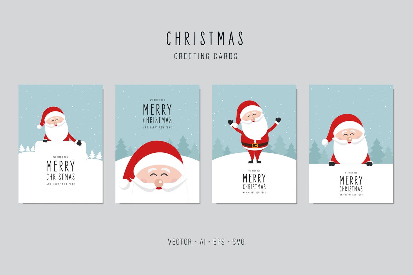 圣诞老人图案圣诞节贺卡矢量设计模板集v1 Christmas Santa Claus Greeting Vector Card Set插图
