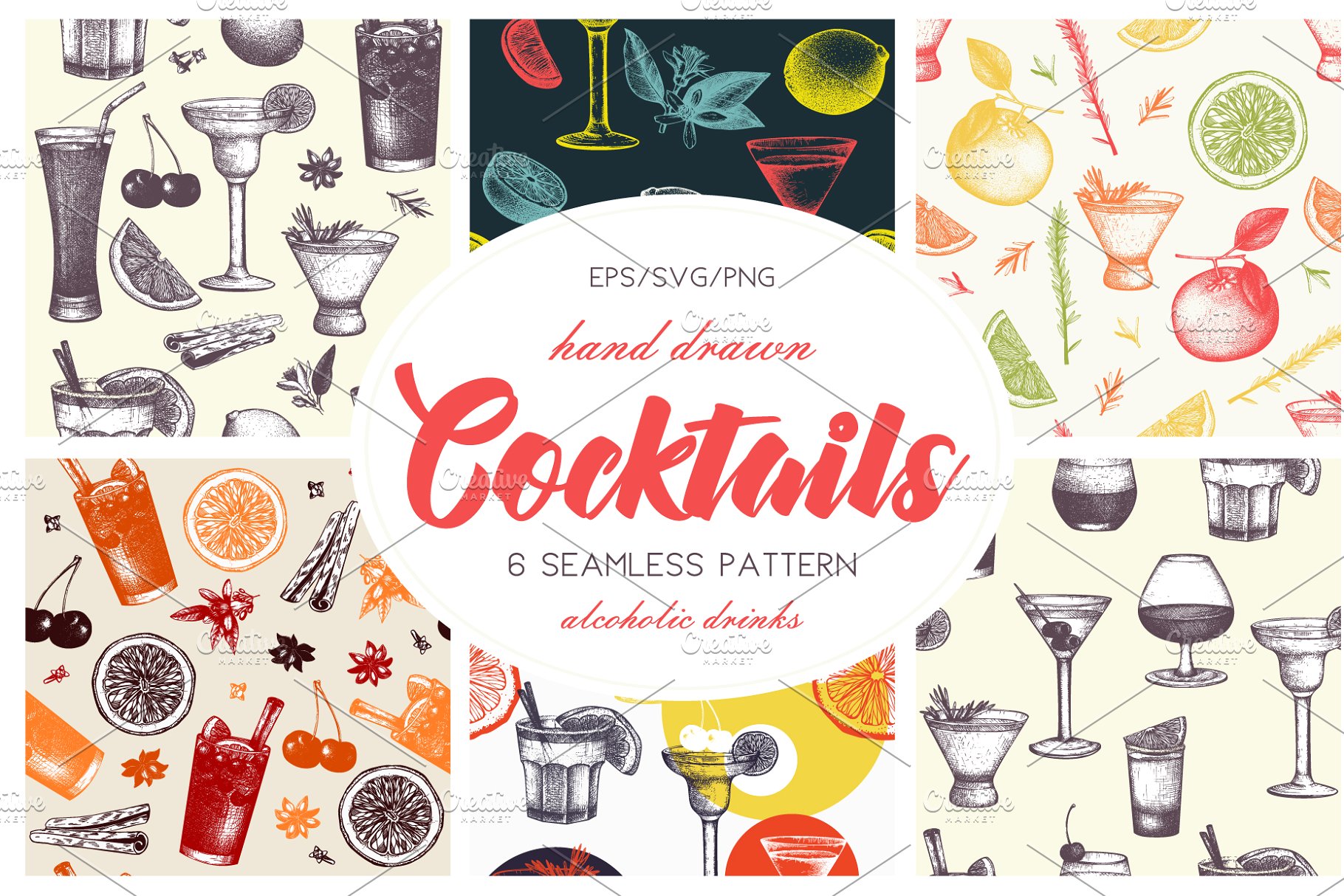 无缝手绘鸡尾酒冷饮背景纹理 Vector Drinks & Cocktails Patterns插图