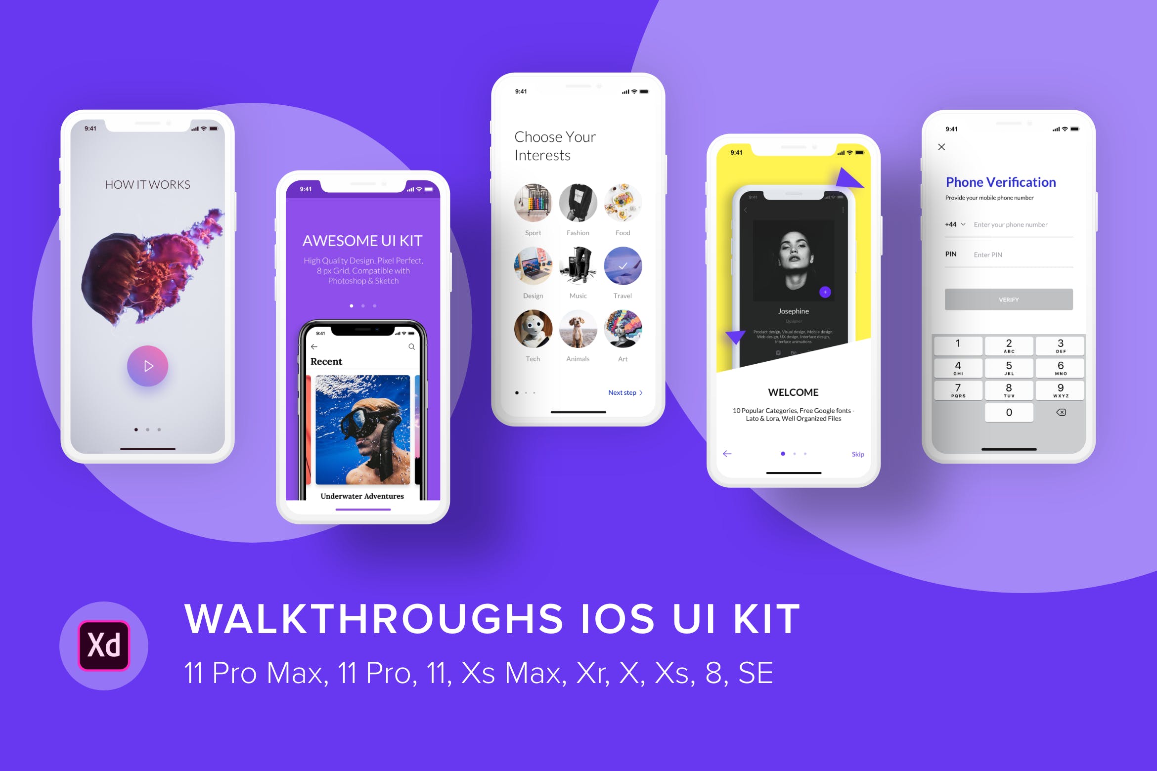 iOS平台APP应用功能引导页设计模板[for XD] Walkthroughs iOS UI Kit (Adobe XD)插图