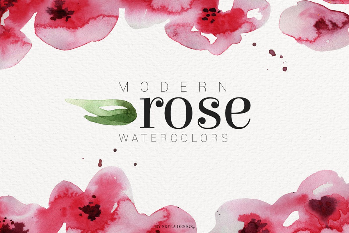 现代玫瑰水彩花卉＆叶子插图素材 Modern Rose watercolor flowers leaves插图