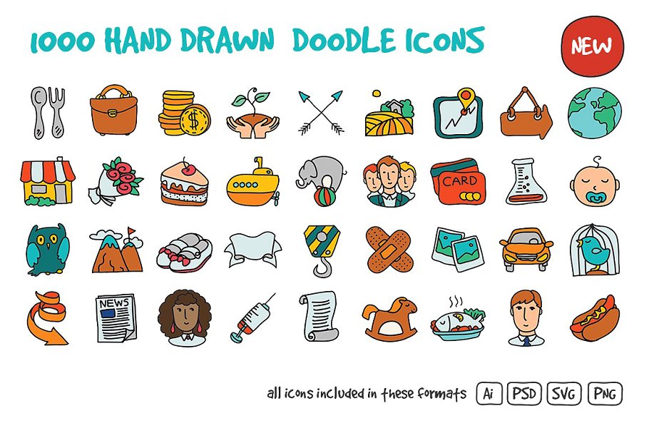 1000枚手绘涂鸦图标 1000 Hand Drawn Doodle Icons插图