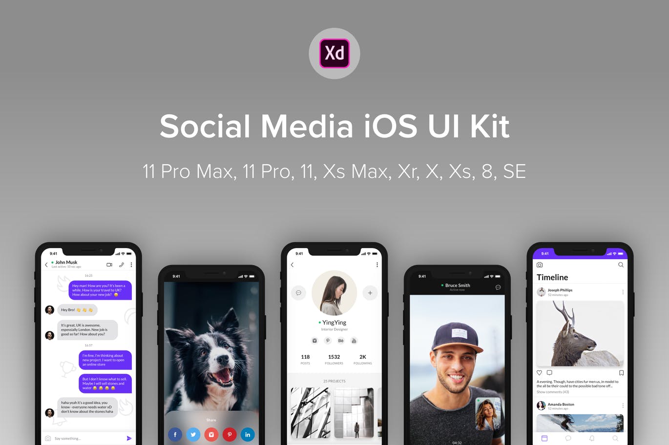 iOS平台社交APP界面设计XD模板 Social Media iOS UI Kit (Adobe XD)插图