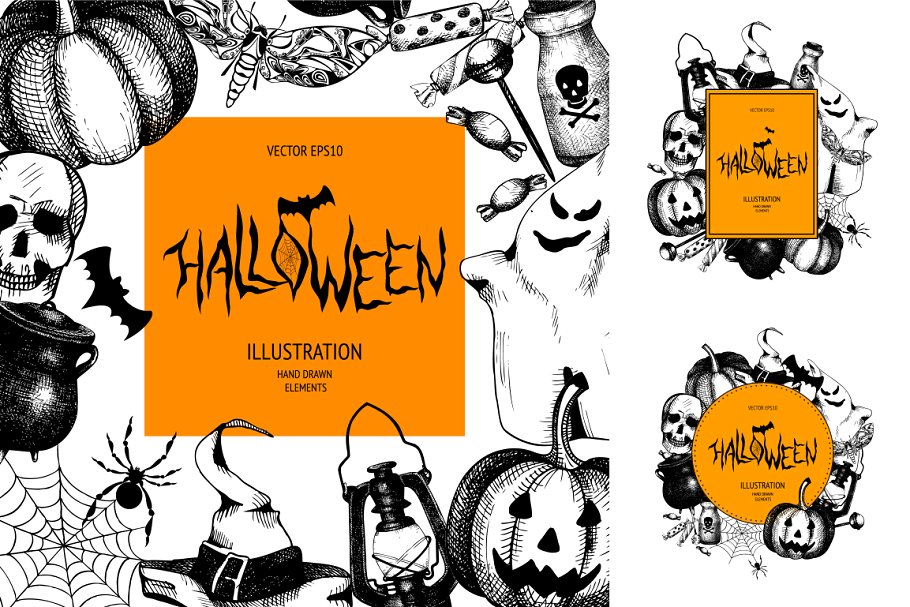 复古墨水手绘万圣节矢量插图 Vector Halloween Design Elements插图(2)