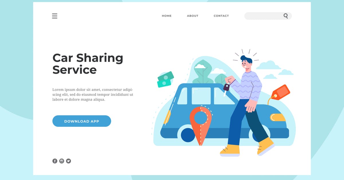 共享汽车插画网站着陆页设计模板 Car Sharing Service Landing Page插图