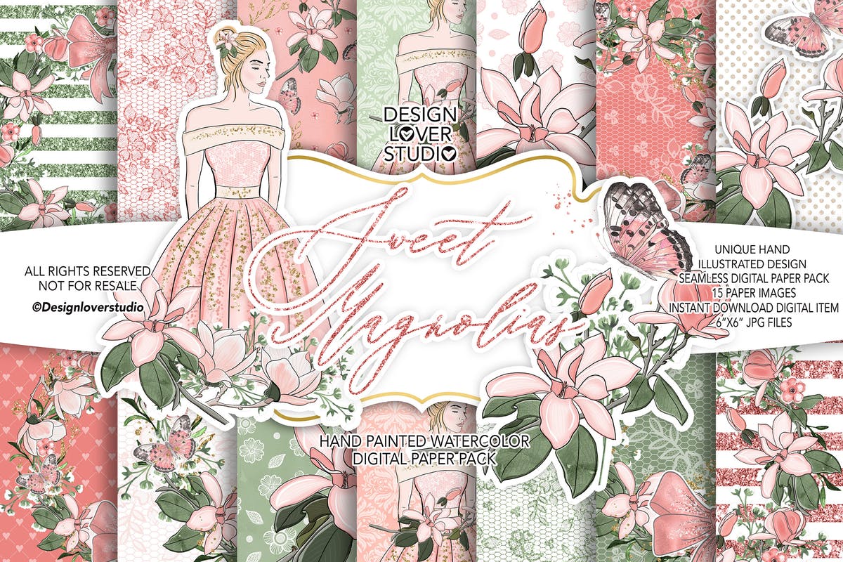 浅桃红色花卉图案婚礼素材合集 Sweet Magnolias digital paper pack插图