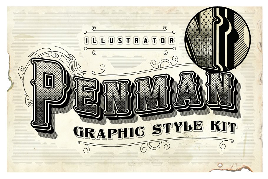 欧式复古图案风格PS字体样式 Penman Vintage Graphic Style Kit插图2