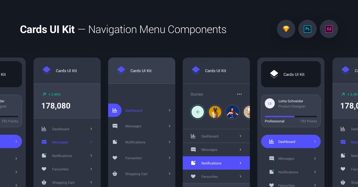 卡片式UI设计套件-网站导航菜单组件&小部件[夜间模式] Cards UI Kit – Navigation Menu Components Widgets插图