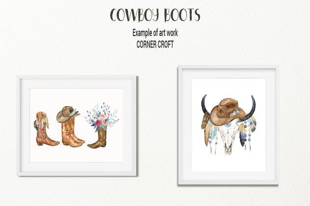 西部牛仔文化靴子&配件水彩插画合集 Watercolor Cowboy Boots And Accessory collection插图8