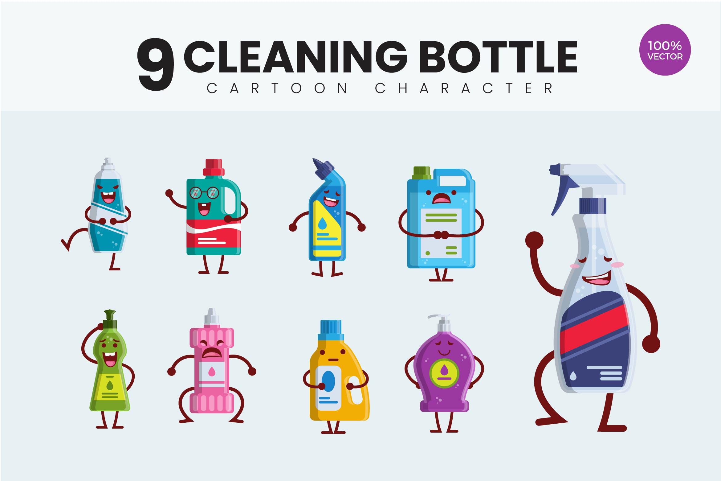 9个清洁瓶清洁工具可爱卡通形象矢量插画 9 Cute Cleaning Bottle Vector Illustration插图