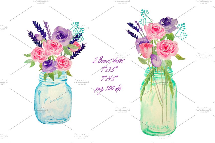 粉紫色玫瑰剪贴画DIY请柬贺卡素材 Watercolor Wedding Mason Jars Roses插图(2)