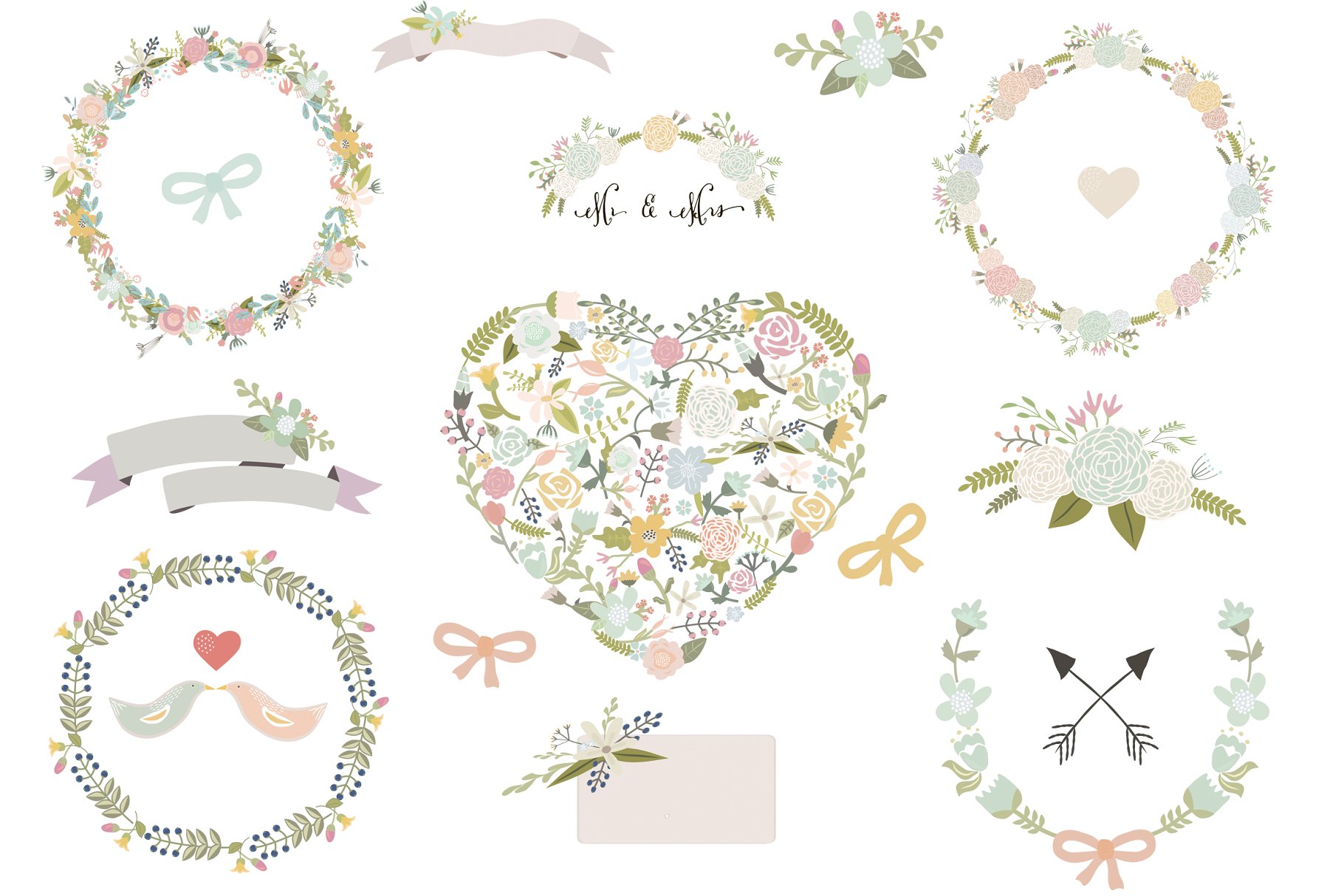 手绘淡色系花卉花环剪贴画 Floral clip art set 5插图(1)