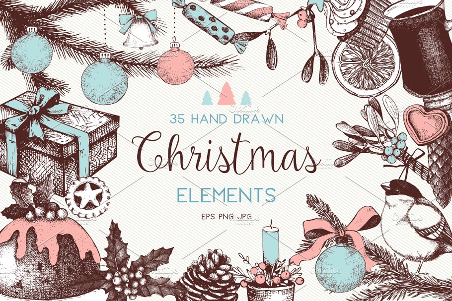 复古圣诞节装饰元素插画套装 Vintage Christmas Illustrations Set插图