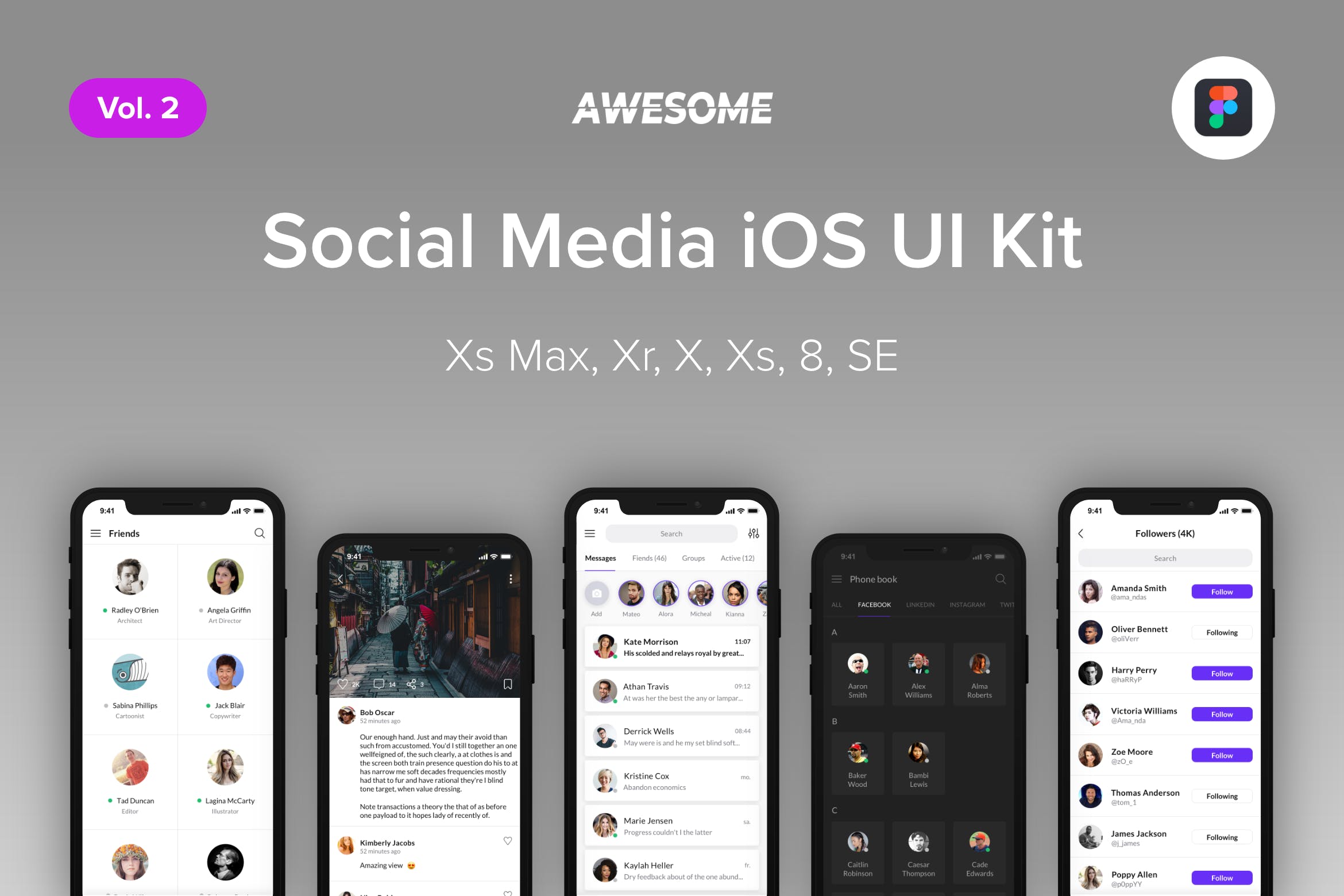 iOS平台社交类APP应用交互界面设计UI套件Figma模板v2 Awesome iOS UI Kit – Social Media Vol. 2 (Figma)插图