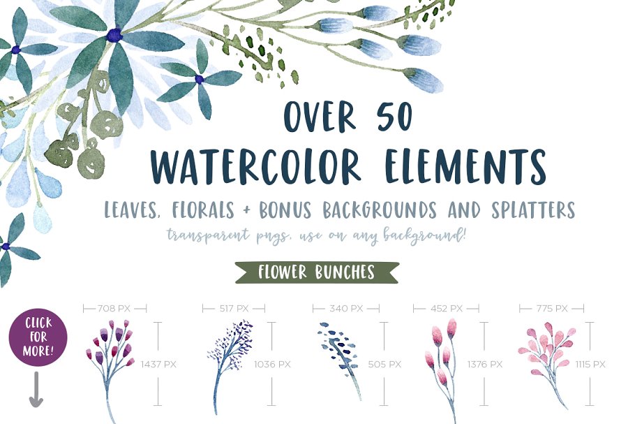 水彩叶子&花卉剪贴画 Watercolor Leaves + Florals Kit插图(7)