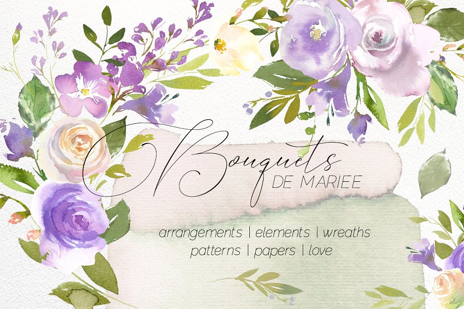 水彩花卉设计素材合集（剪贴画、纹理、纸张等） Bouquets de Mariee Watercolor Set插图