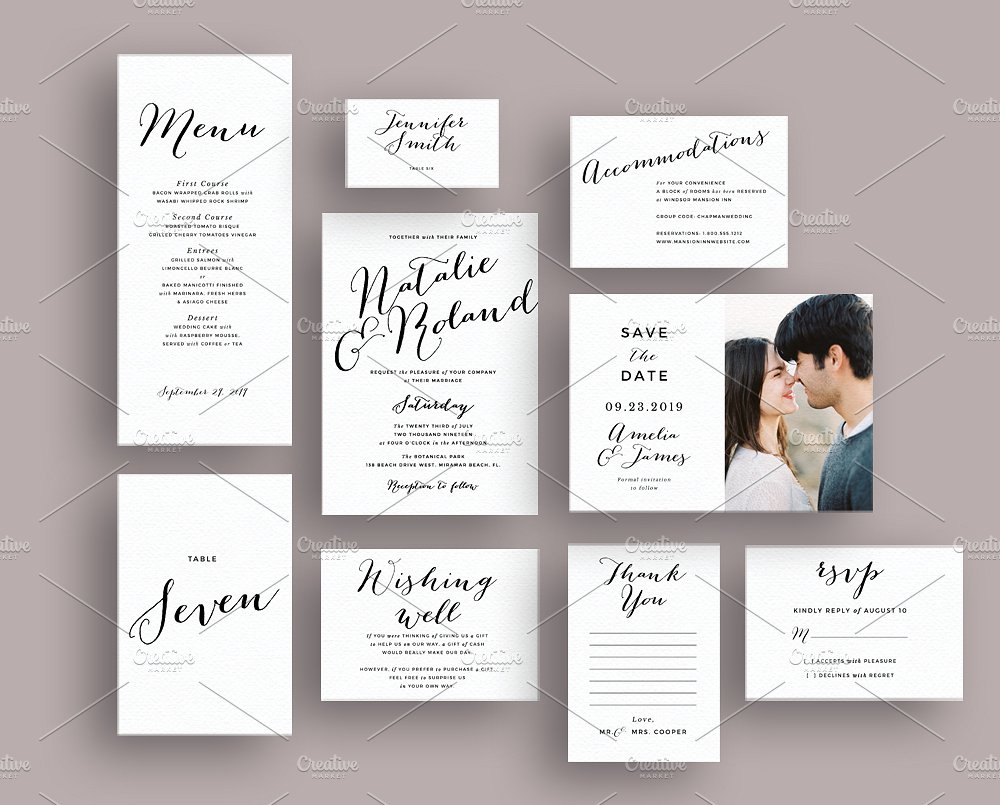 简约文字排版婚礼邀请函设计模板 Typography script wedding invite set插图