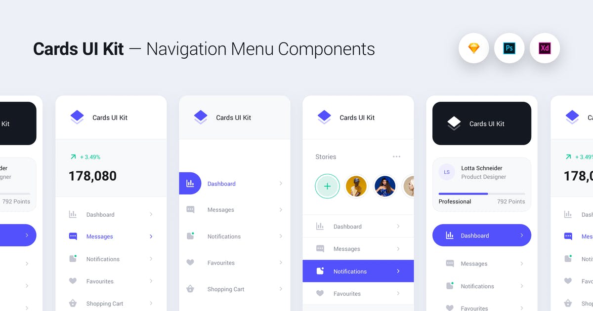 卡片式UI设计套件-网站导航菜单组件&小部件[基础模式] Cards UI Kit – Navigation Menu Components Widgets插图