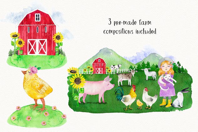 农场家畜动物水彩插画套装Vol.1 FARM ANIMALS watercolor set PART 1插图(4)
