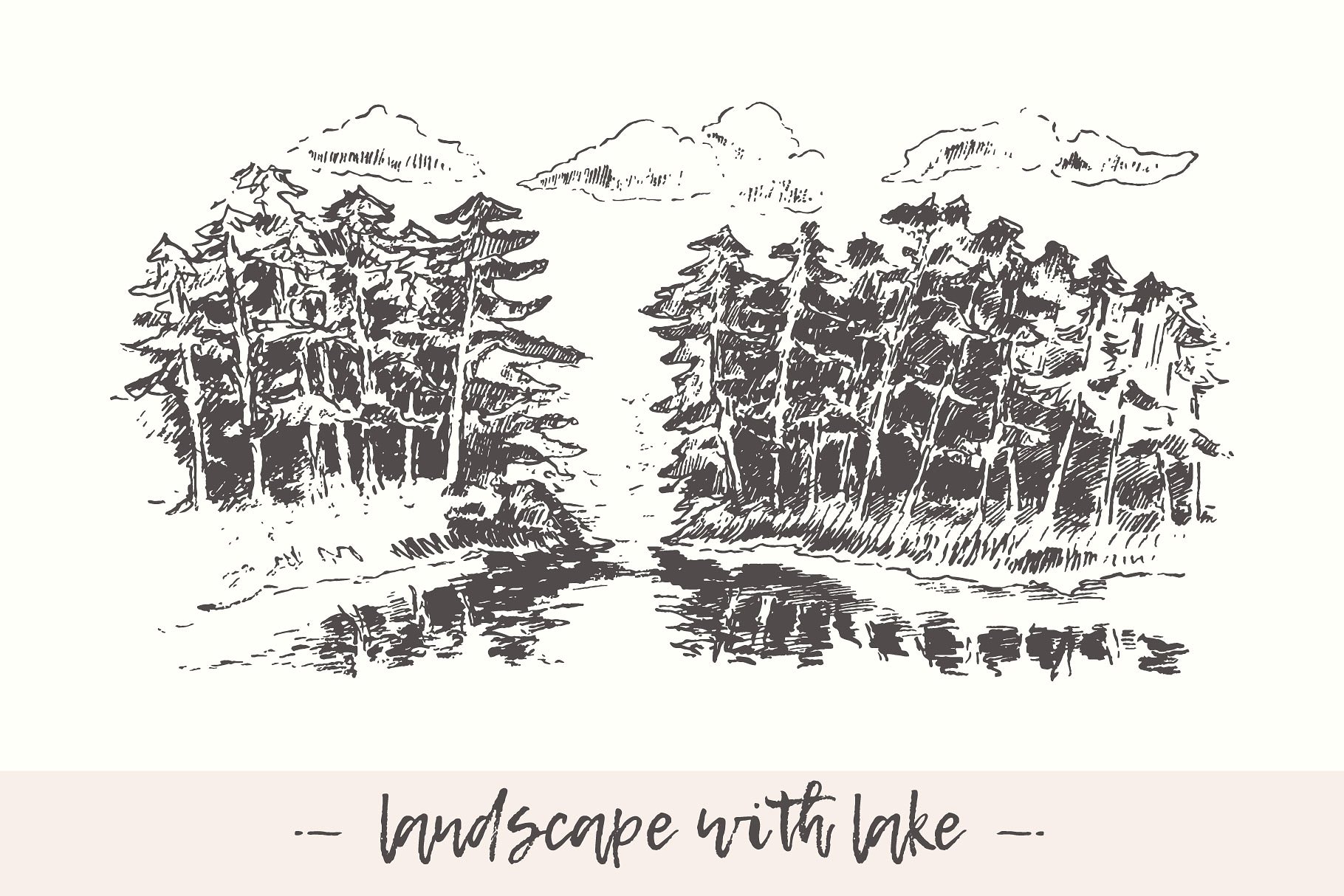 湖泊森林素描剪贴画 Landscape with lake and fir forest插图