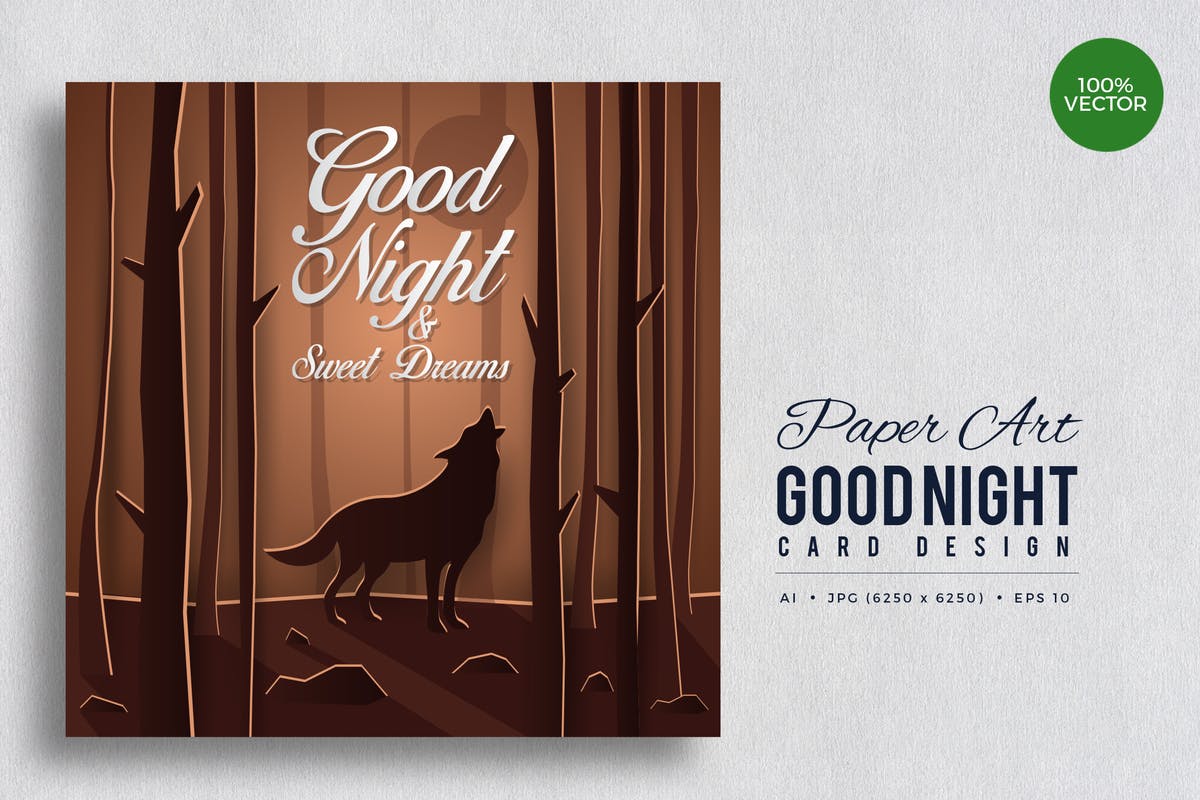 剪纸艺术晚安贺卡矢量模板v4 Paper Art Good Night Vector Card Vol.4插图