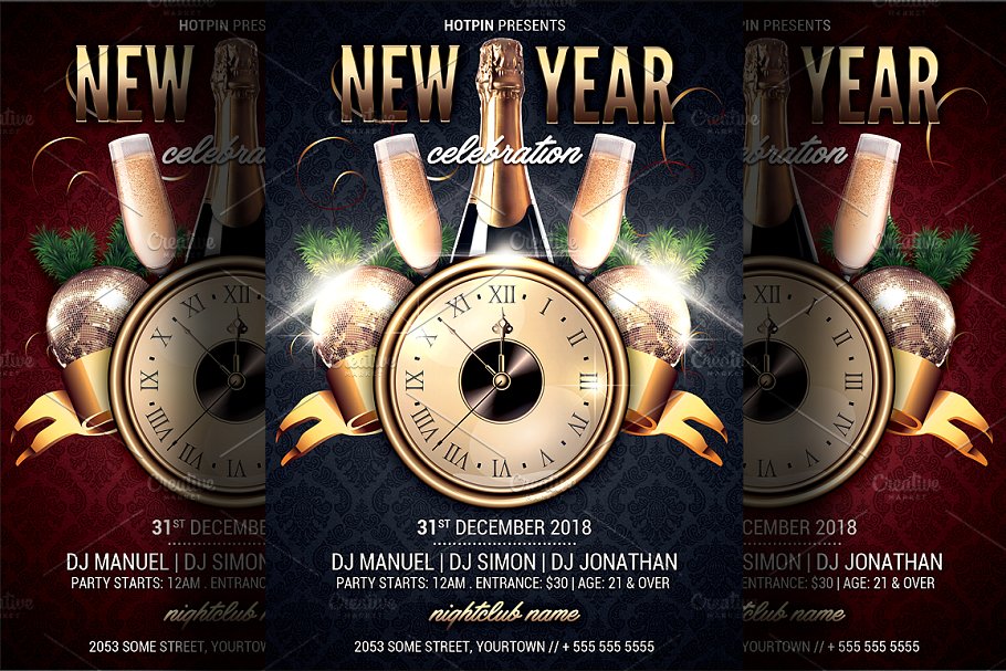 跨年夜新年晚会宣传传单模板 New Year Party Flyer Template插图
