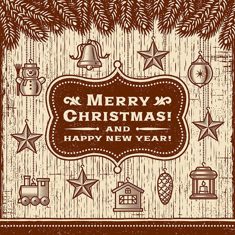 棕色装饰复古设计风格圣诞节贺卡模板 Vintage Christmas Card With Decorations Brown插图(1)