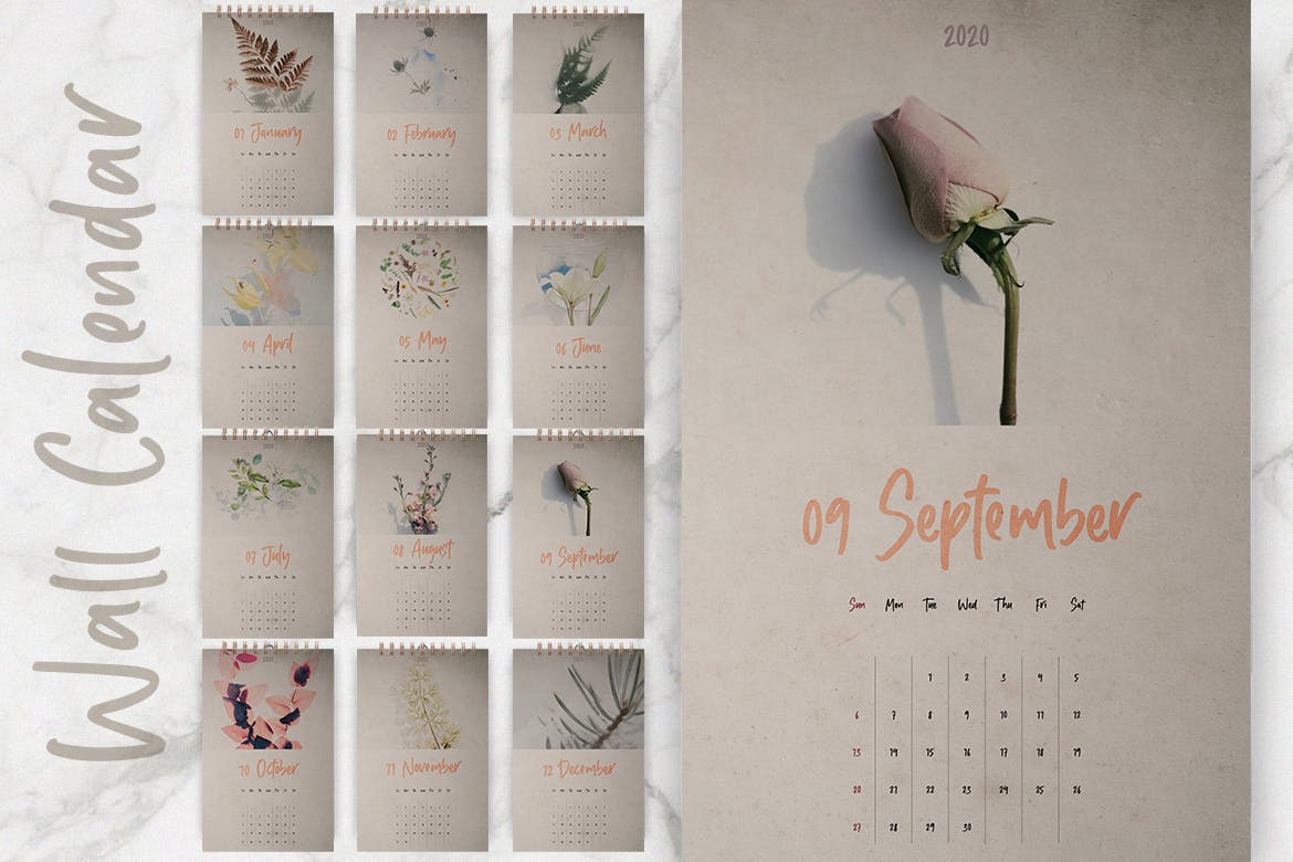 2020年植物花卉图案挂墙日历设计模板 Wall Calendar 2020 Layout插图