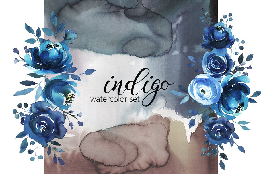 靛蓝水彩花卉剪贴画 Indigo Blue Watercolor Flowers Set插图8