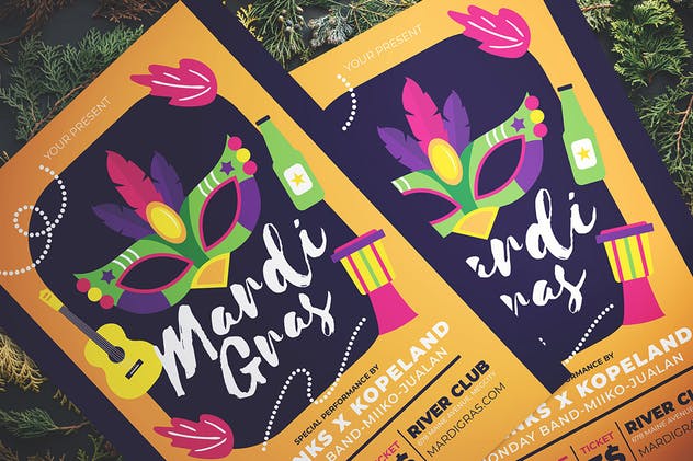 蒙面狂欢派对活动海报设计模板 Mardi Gras Party Flyer插图(1)